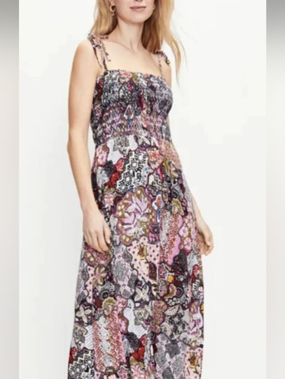 🌼B2G1🌼 LOFT Smocked Midi Dress in Multi Pink and Black Floral Patchwork NWOT